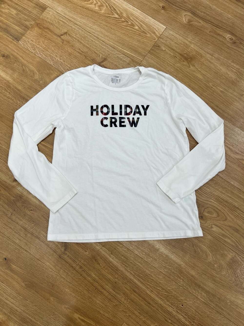 J.Crew Holiday Crew Long Sleeve Collector Tee Size L White Plaid Graphic